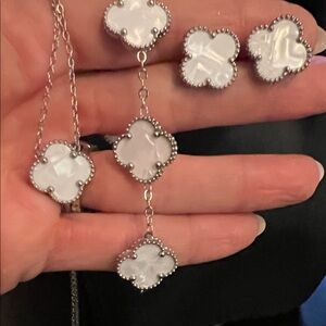 Elegant Silver and White Clover Jewelry Set